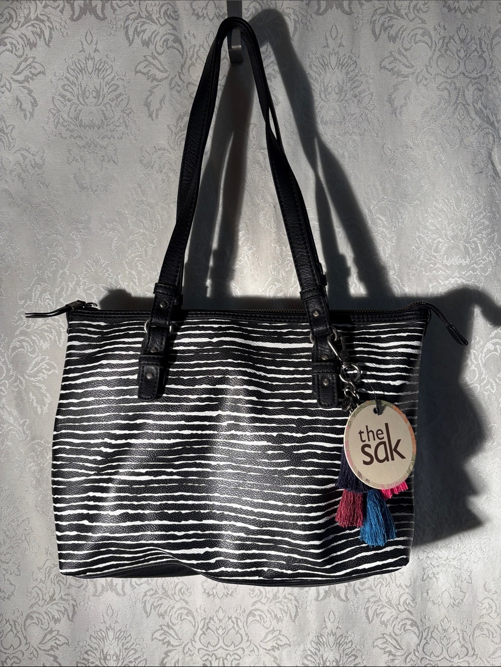 The Sak Black & White Striped Shoulder Bag with Colorful Tassels NWT